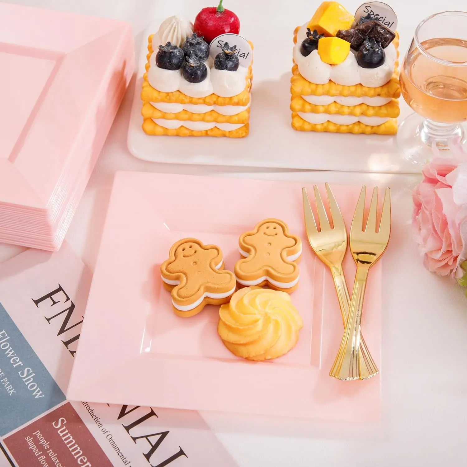 supernal 100pcs Pink Square Dessert Plates with 100pcs Gold Dessert Forks,Appetizer Plates Disposable,Premium Plastic Salad Plates,Square Dinner Plates,6" Clear Plates and 5" Gold Forks