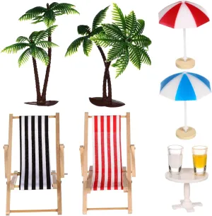 SUPVOX Beach Micro Landscape Craft Set Mini Palm Trees Parasols Deckchairs Beverages with Round Coffee Table Dollhouse Decor Fairy Garden Accessory