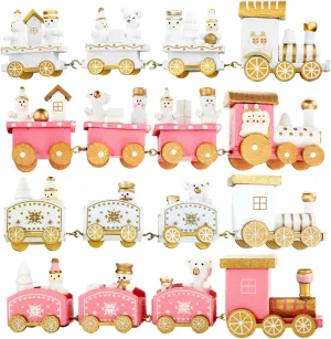 Syhood 4 Pcs Pink Christmas Wooden Train Mini Painted Train Decoration Around Tree for Kids Wooden Desktop Ornament for Xmas Party Winter Festival Gift