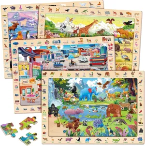 SYNARRY Wooden Puzzles for Kids Ages 4-6, 4 x 60 Piece Match & Find Puzzles for Kids Ages 6-8 Boys Girls, Educational Toys Gifts for 8-10 yo for Learning Jungle Savannah Polar Animals & City Life