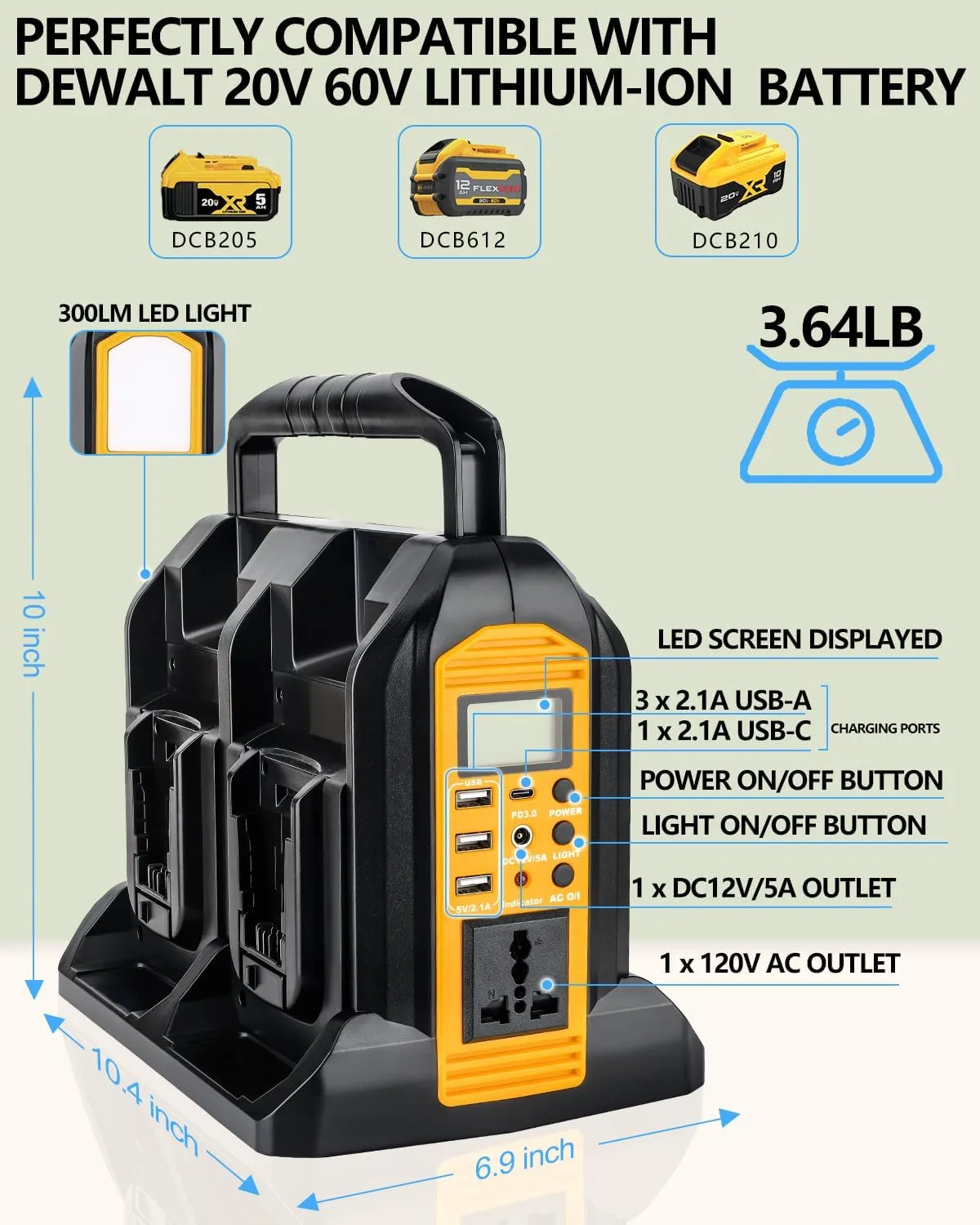 Taingwei 350W Power Inverter for Dewalt 20v 60v Battery, 4-Ports DC 20V to AC 110-120V Pure Sine Wave Battery Inverter with 3 USB-A Port, 1 USB-C Port,300lm LED Light for Camping Emergency(Tool Only)