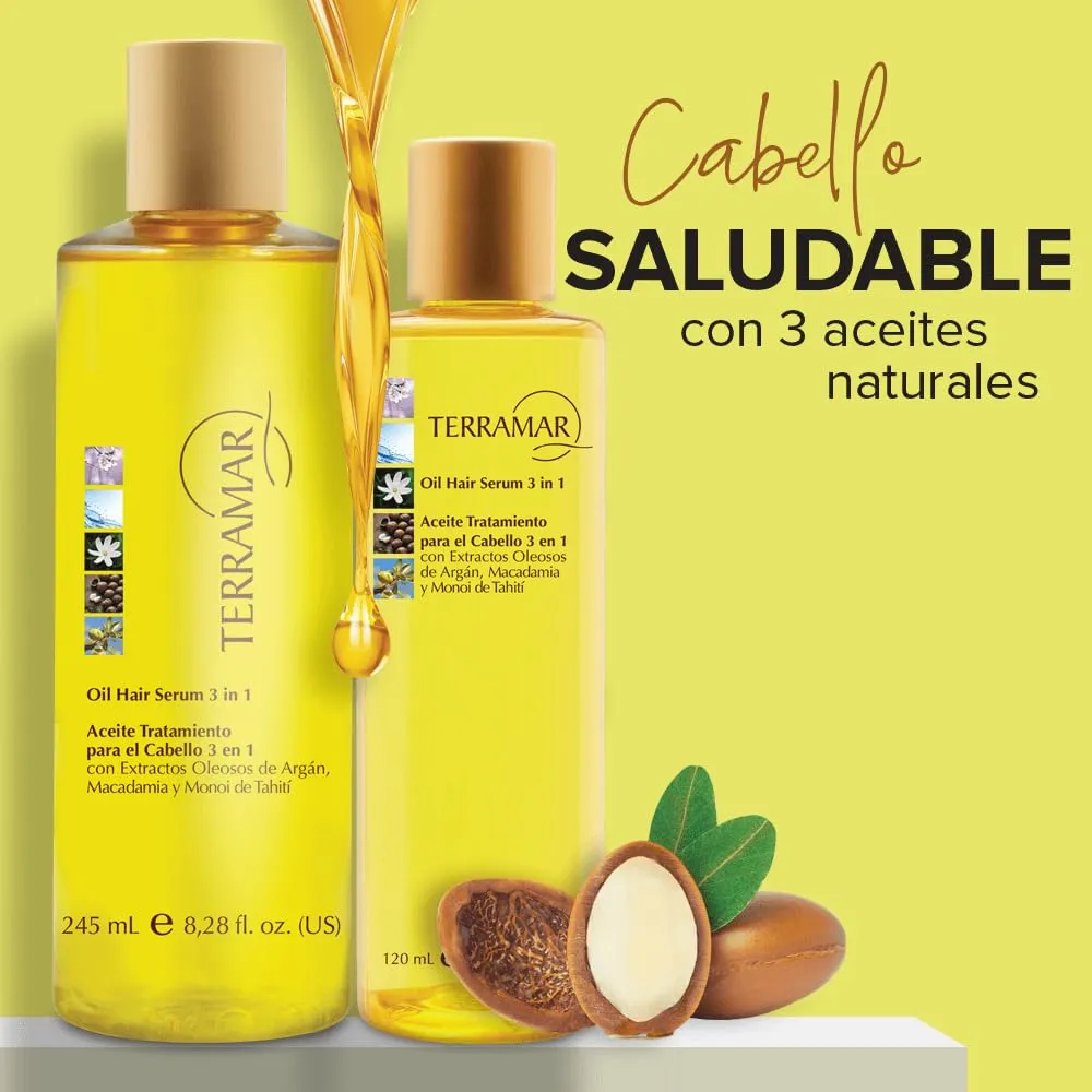 Terramar 3-in-1 Hair Oil with Argan, Macadamia, and Monoi Extracts, Smoothing and Hydrating Serum (Small - 3.31 Fl Oz)