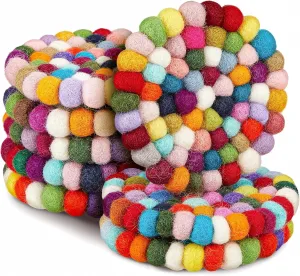 Tessco for you 8 Pcs Round Felt Ball Coasters Wool Absorbent Handmade Rainbow Colorful Felt Coaster for Drinks Office Home Bar Decor