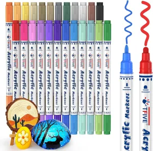 TFIVE Acrylic Paint Markers, 24 Vibrant Colors Kit, No Bleed-Through on Paper, Work on Anything for Fabric Rock Canvas Wood Ceramic Glass Crafts, Easy for Kids and Adults, Dual Tip Medium   Fine