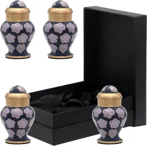 THE CURATOR Purple Metal Mini Floral Cremation Urns Set of 4 for Adult Ashes - Keepsake Urns for Male, Female - Funeral Urn with Premium Box and Velvet Bag