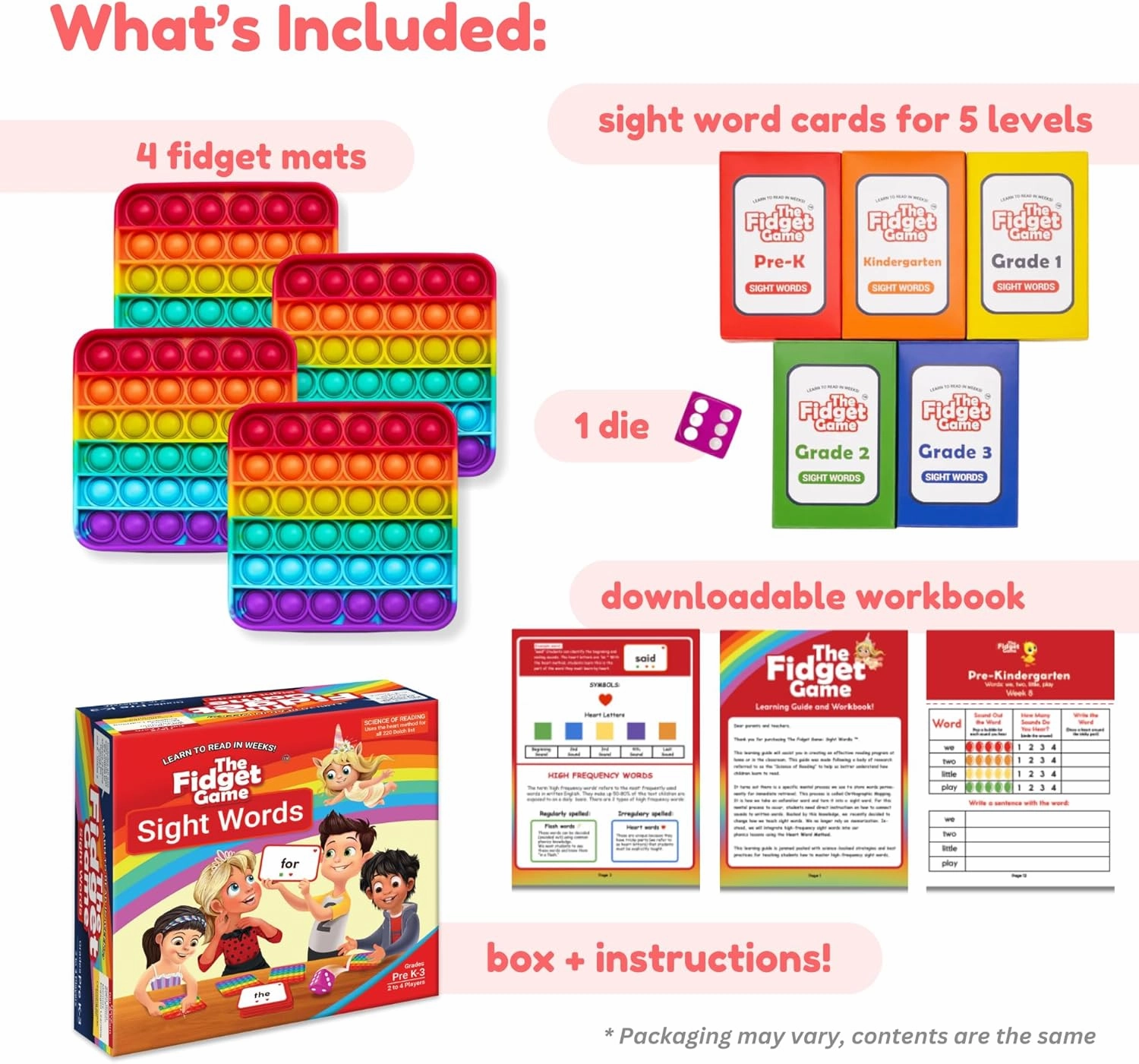 THE FIDGET GAME Sight Words - Reading Flashcards and Pop Fidget Toys for Kids Pre-K to Third Grade - Learning Activities and Games for High-Frequency Dolch Sight Words - Includes Mats and Dice