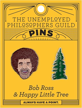 The Unemployed Philosophers Guild Bob Ross and Happy Little Tree Enamel Pin Set - Strong Rubber Backing Clasps, Set of 2 Pins