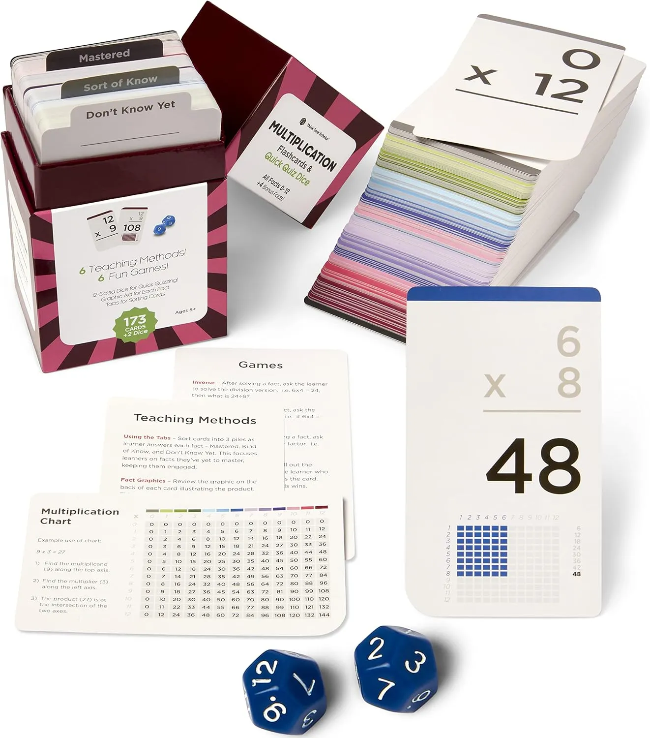 Think Tank Scholar 173 Multiplication Flash Cards   2 Math Dice (Award Winning) All Facts 0-12 Answer on Back, for Kids in 2ND, 3RD, 4TH, 5TH, 6TH Grade Class or Homeschool - Games & Chart
