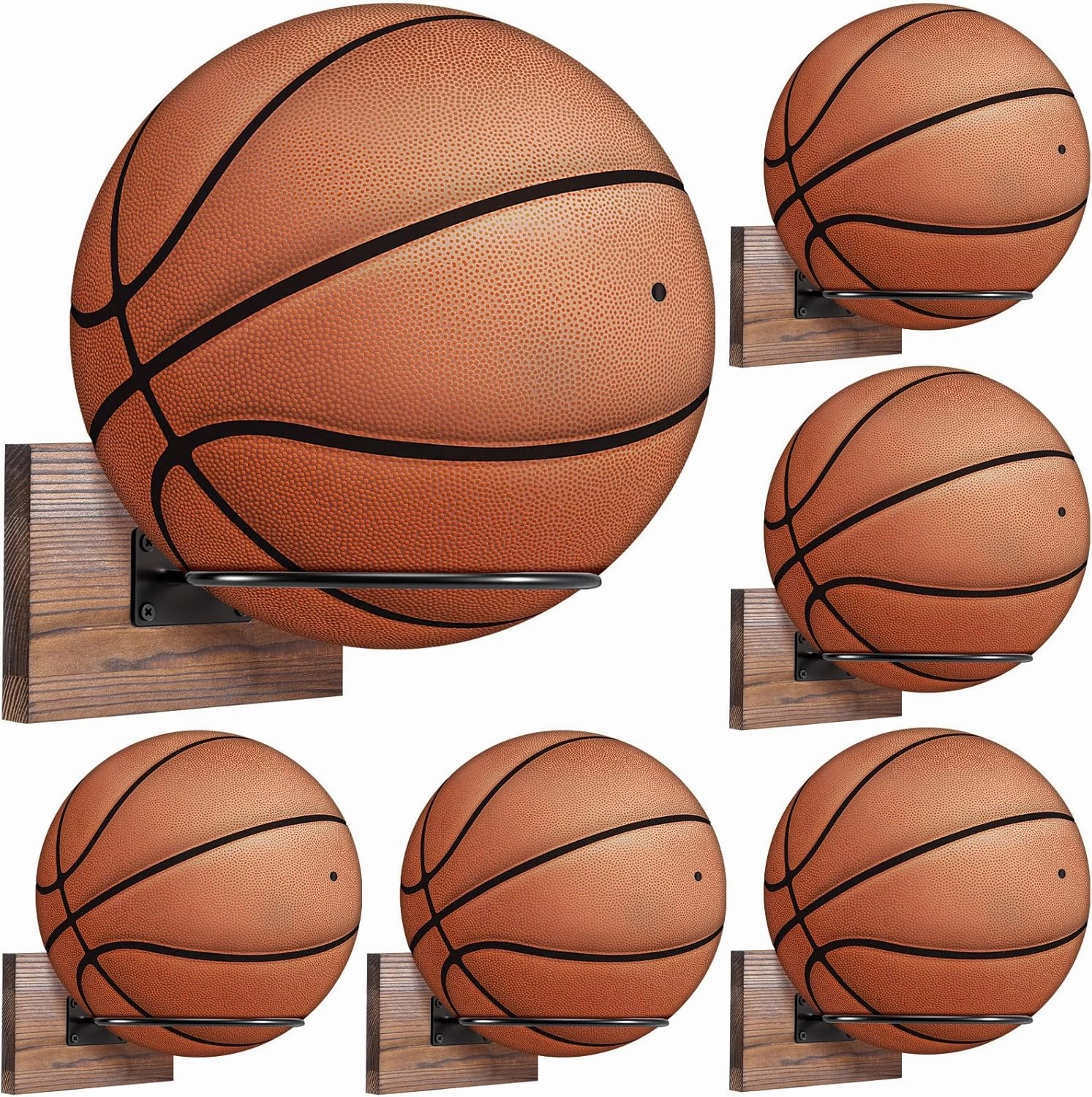 Threan 6 Pcs Ball Holder Wall Mount Ball Stand Display Storage with Wooden Base for Basketball Football Soccer Volleyball, Sports Accessories Organizer for Player Fans