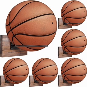 Threan 6 Pcs Ball Holder Wall Mount Ball Stand Display Storage with Wooden Base for Basketball Football Soccer Volleyball, Sports Accessories Organizer for Player Fans
