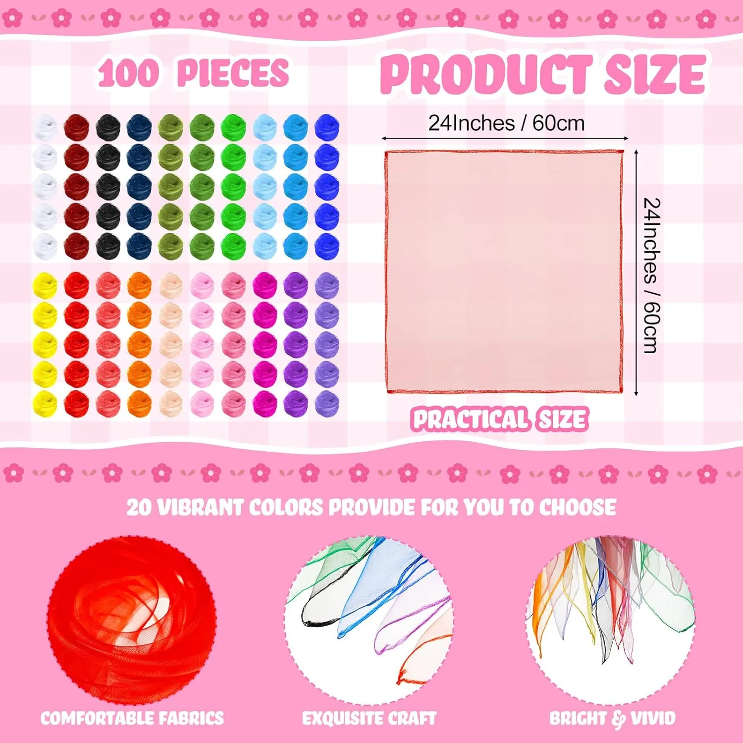 Toulite 100 Pcs Square Dance Scarves Bulk Juggling Play Silks Scarves 24 x 24 Inches Music Movement Dancing Performance Props Accessories(Stylish Colors)