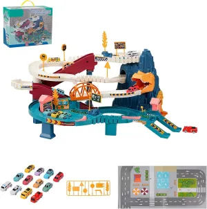 Toy Car Ramp Track, Climbing Hills Railcar Colorful Vehicles Construction Play Set with 12 Mini Racer Cars for Kids 3 (Dinosaur)