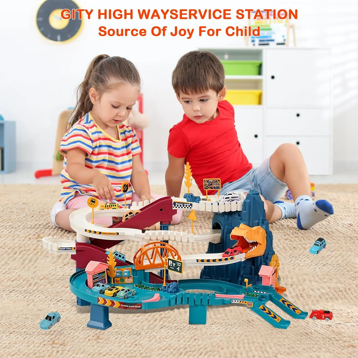Toy Car Ramp Track, Climbing Hills Railcar Colorful Vehicles Construction Play Set with 12 Mini Racer Cars for Kids 3 (Dinosaur)