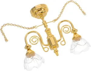 TOYANDONA Miniature Dollhouse Chandelier – Gold Double-Head Floral Ceiling Light with Light Display, Vintage Hanging Lamp Mini Furniture Accessories for Dollhouse Decor
