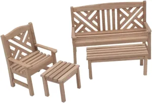 Toyvian 1 Set Miniature Wooden Garden Furniture Dollhouse Accessory Includes Long Table Stool Chair and Two Seater Miniature Garden Ornament for Collectors
