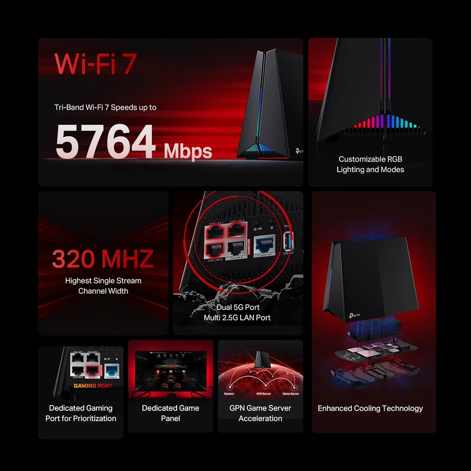 TP-Link Tri-Band BE11000 Wi-Fi 7 Gaming Router Archer GE650 | 6-Stream 11 Gbps supports 320MHz | 2×5G   3×2.5G Ports USB 3.0 | Game Acceleration, Dedicated Gaming Port & Panel, RGB Lighting|HomeShield