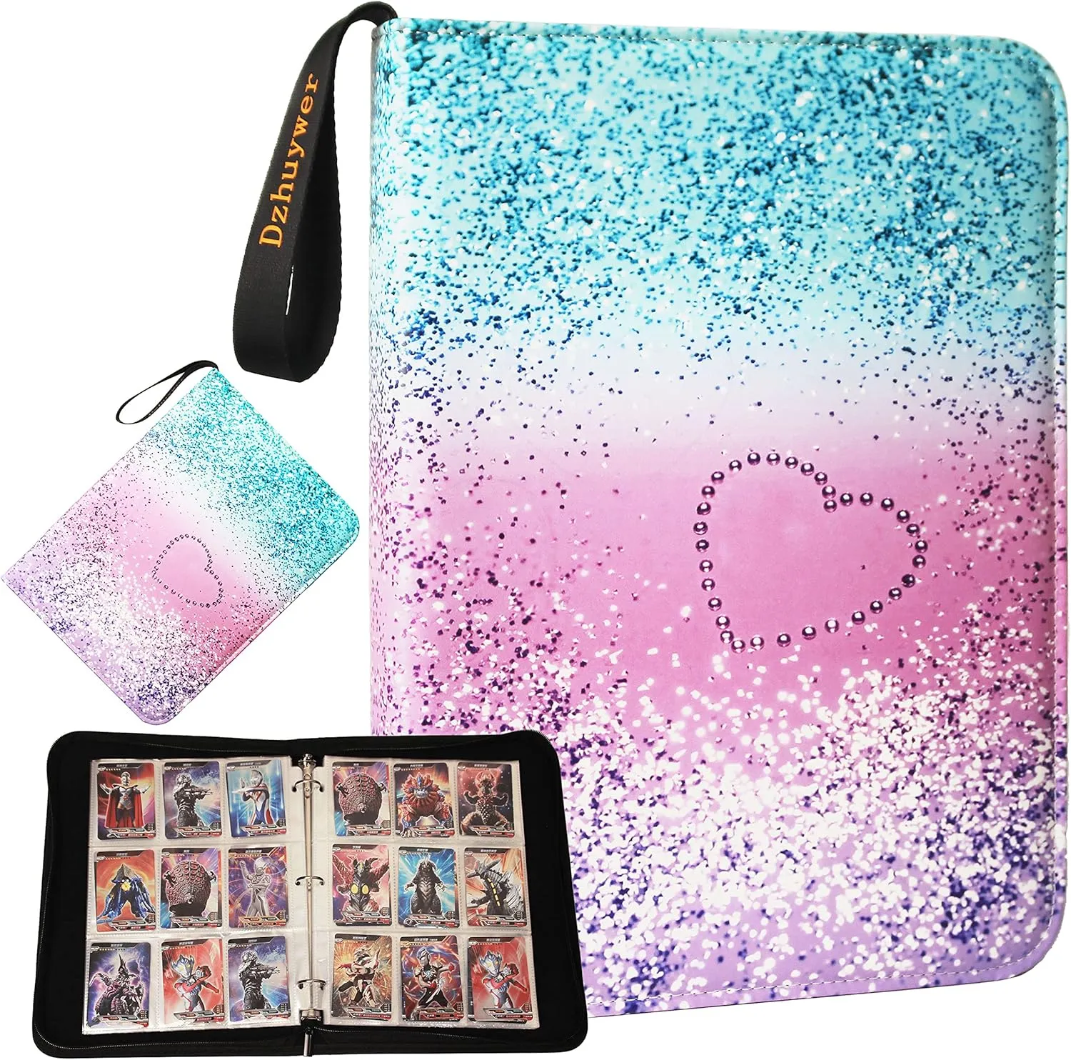 Trading Card Binder for 9-Pocket (1080 Cards) with 60 Removable Sleeves, with Protection Zipper and Easy Carrying Wristband, Portable Card Albums for Boys Girls Gifts, Pink