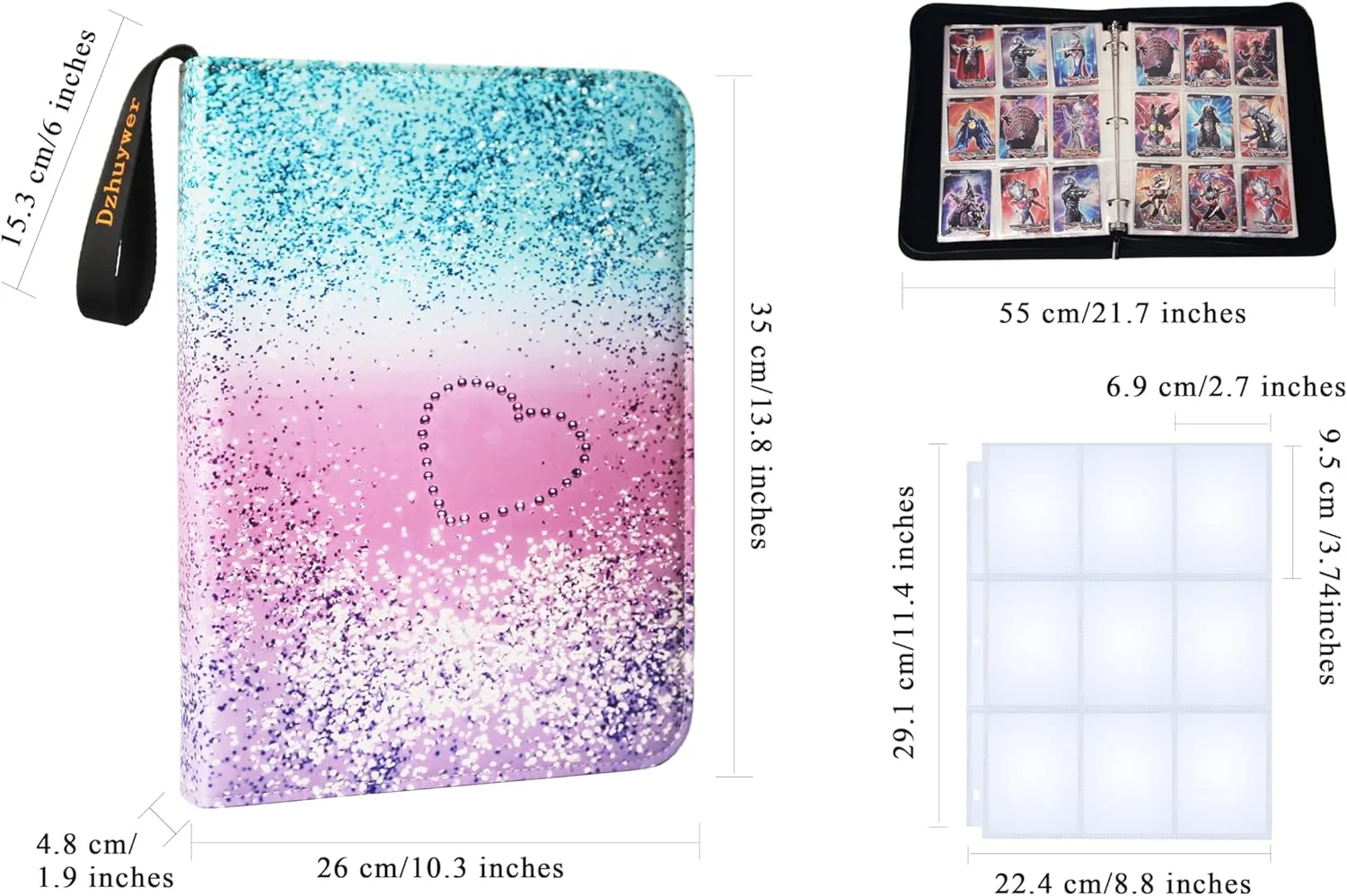 Trading Card Binder for 9-Pocket (1080 Cards) with 60 Removable Sleeves, with Protection Zipper and Easy Carrying Wristband, Portable Card Albums for Boys Girls Gifts, Pink