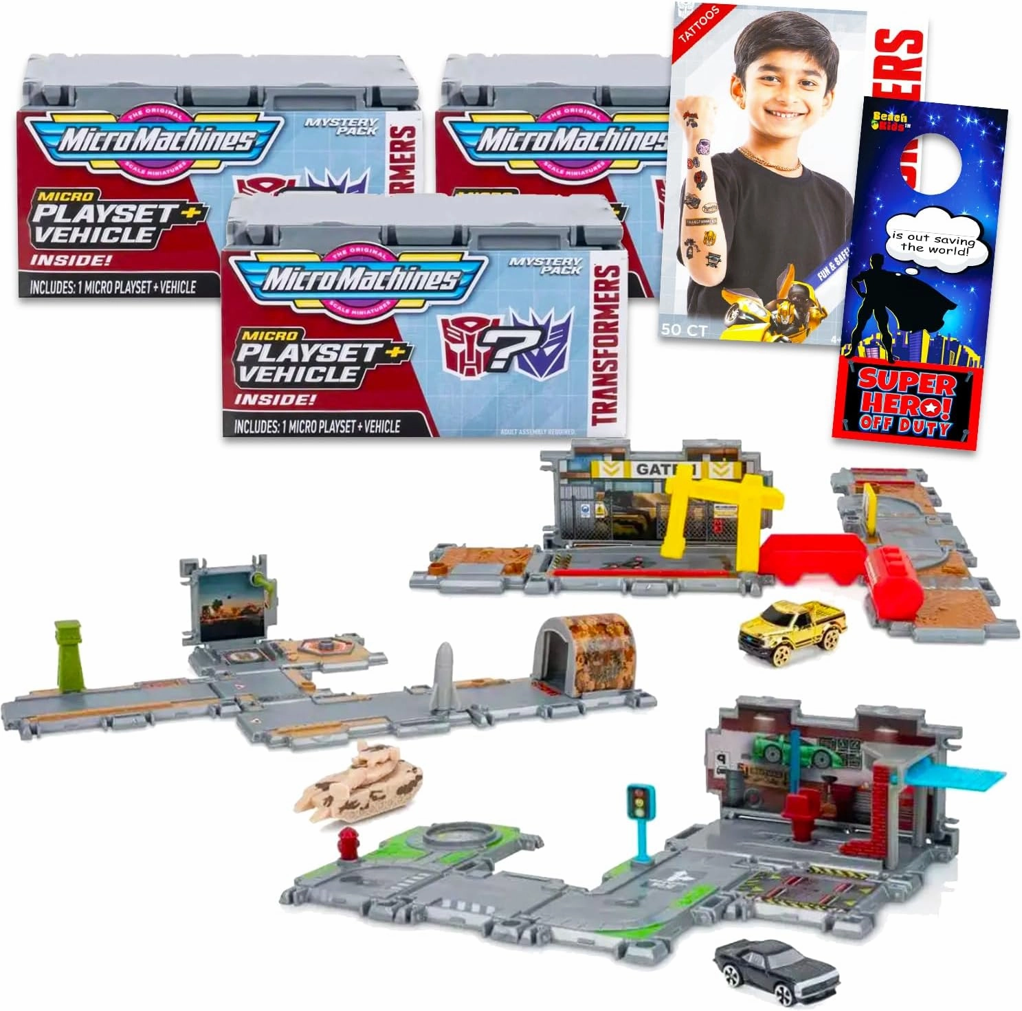 Transformers Blind Box Micro Machines Set - Bundle With 3 Mystery Playsets Plus Tattoos | Toy Vehicle Party Favors