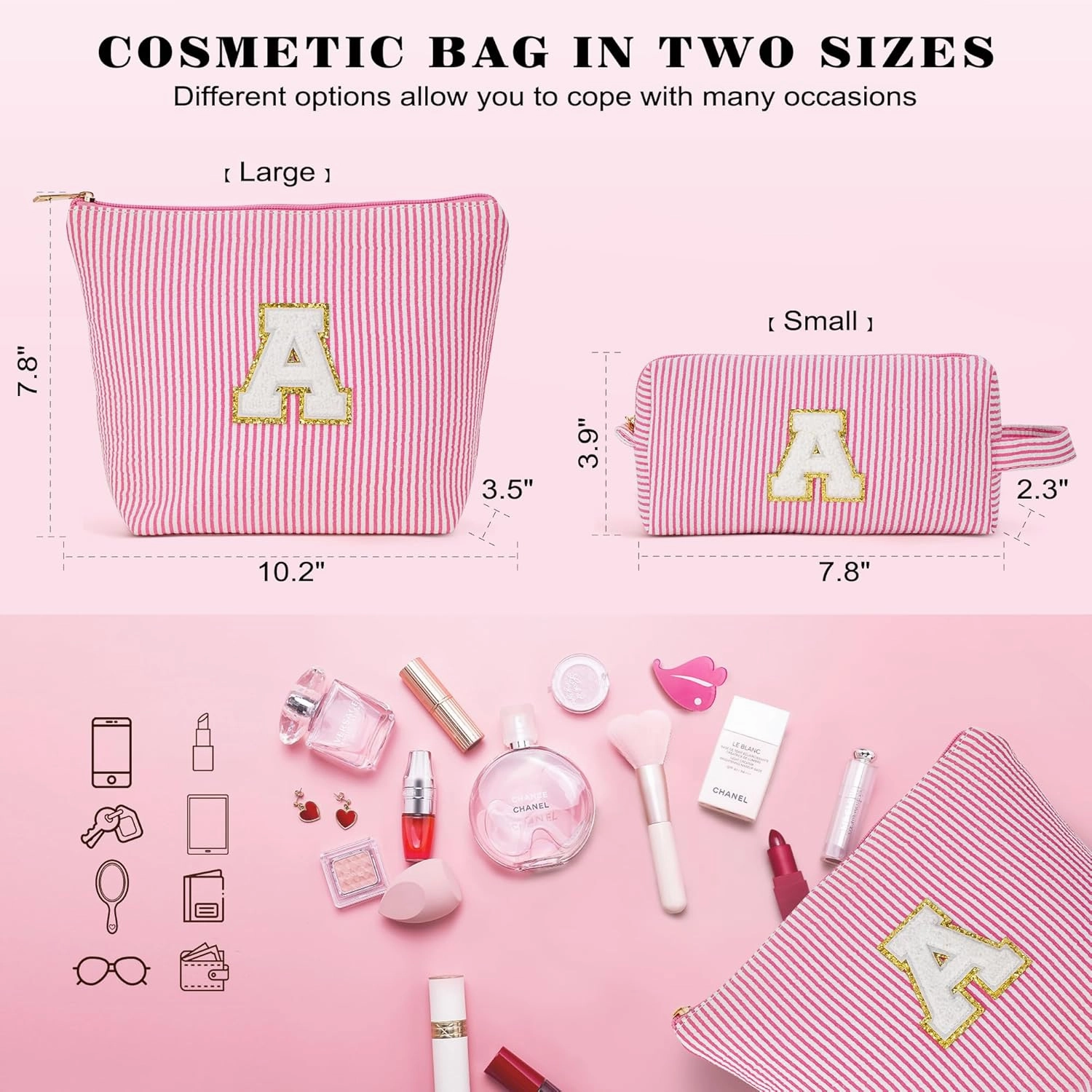 Travel Cute Makeup Bag Set - Make up Cosmetic Bag for Women, Small Makeup Bag for Purse Makeup Kit | Pink Stuff Birthday Gifts for Women Travel Essentials (Pink Letter S)