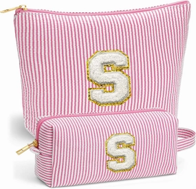Travel Cute Makeup Bag Set - Make up Cosmetic Bag for Women, Small Makeup Bag for Purse Makeup Kit | Pink Stuff Birthday Gifts for Women Travel Essentials (Pink Letter S)