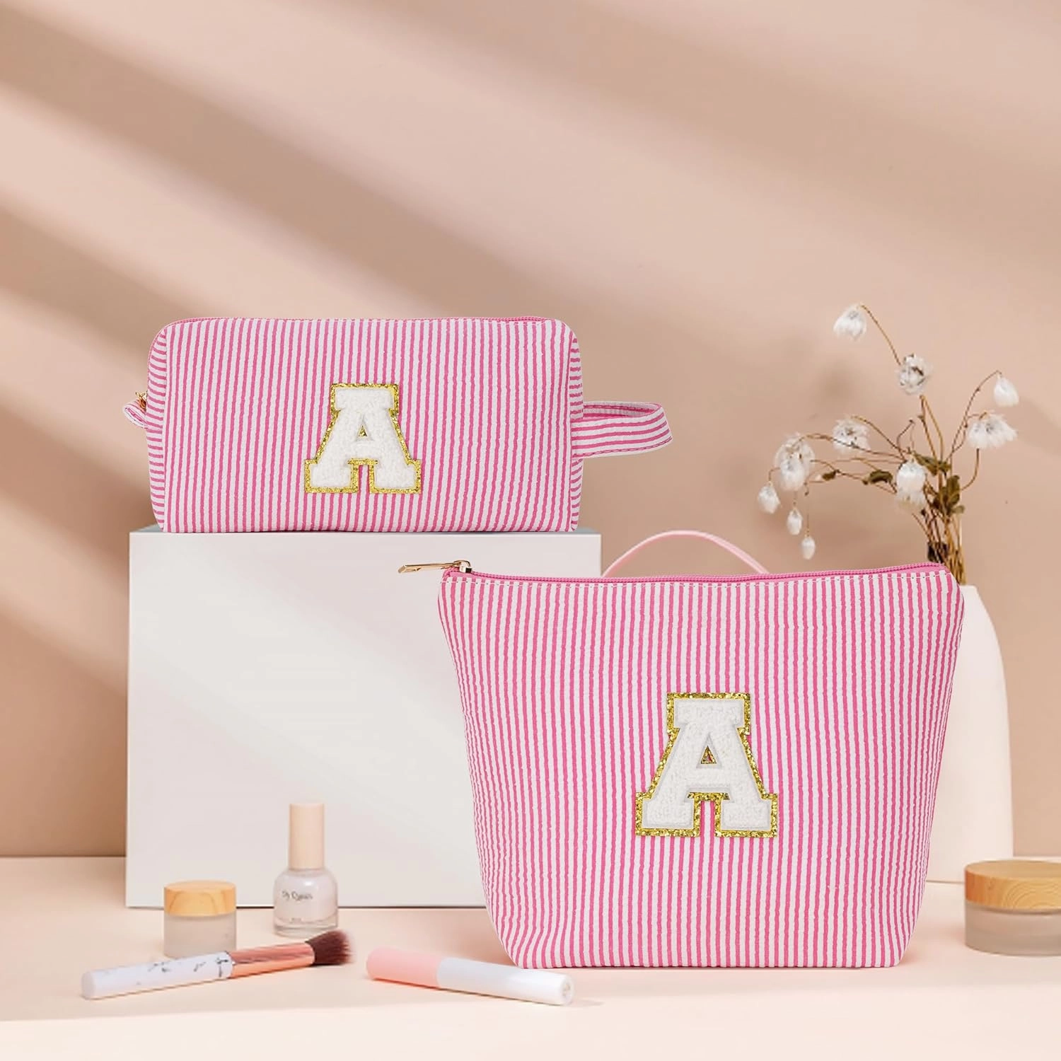 Travel Cute Makeup Bag Set - Make up Cosmetic Bag for Women, Small Makeup Bag for Purse Makeup Kit | Pink Stuff Birthday Gifts for Women Travel Essentials (Pink Letter S)