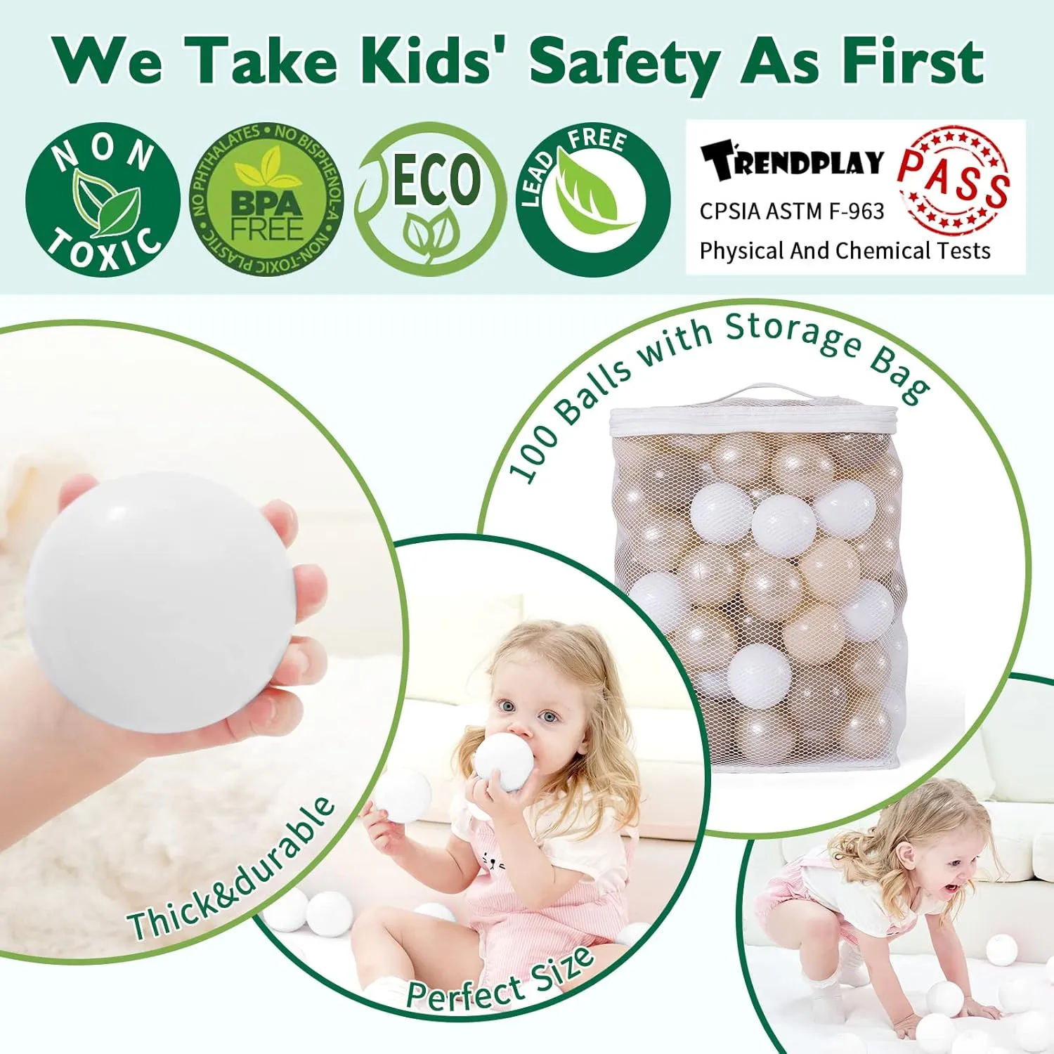 TRENDPLAY Plastic Balls for Ball Pits, Pack of 100 Hollow Balls, Perfect for Toddler Baby Pools,Party Decoration, 2.2 Inch 2.4 Inch 2.75 Inch
