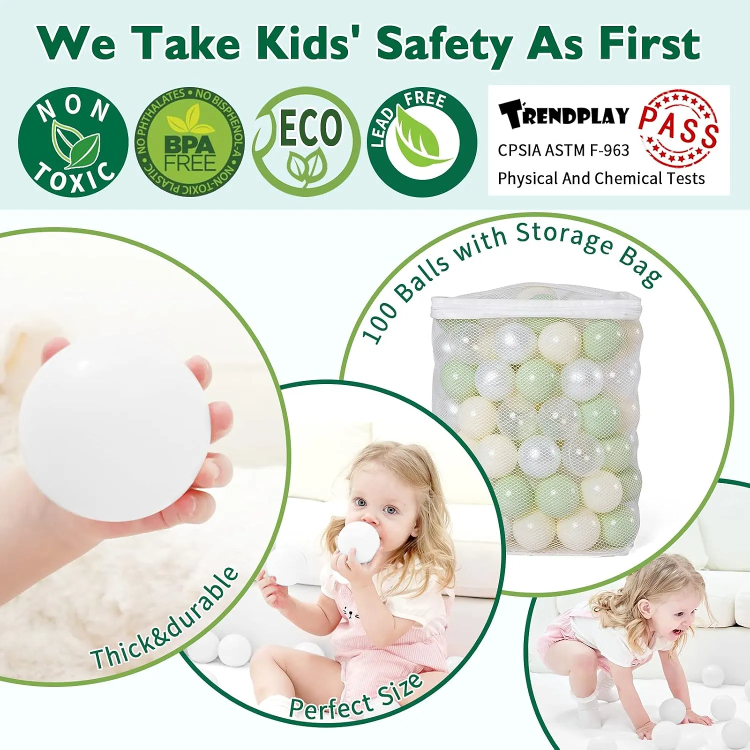 TRENDPLAY Plastic Balls for Ball Pits, Pack of 100 Hollow Balls, Perfect for Toddler Baby Pools,Party Decoration, 2.2 Inch 2.4 Inch 2.75 Inch