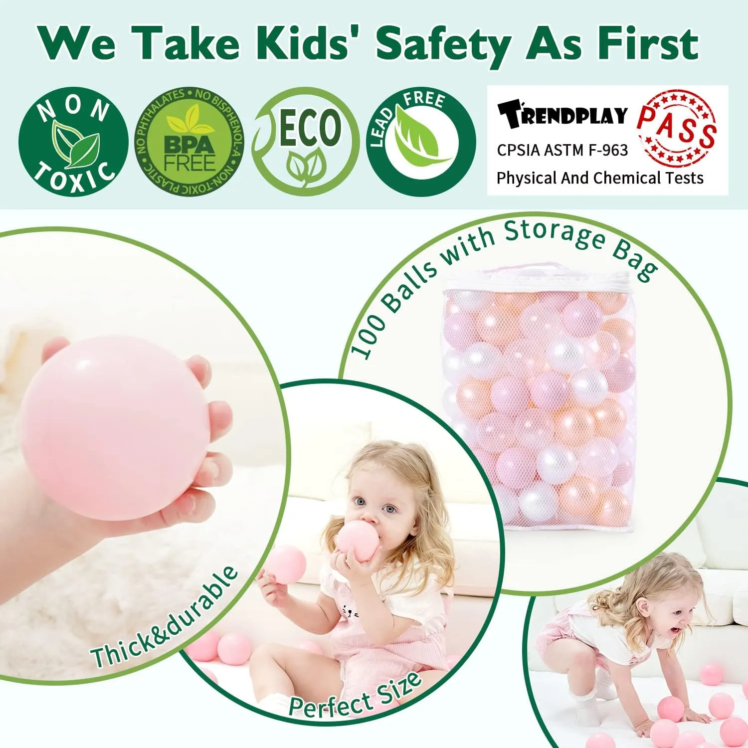 TRENDPLAY Plastic Balls for Ball Pits, Pack of 100 Hollow Balls, Perfect for Toddler Baby Pools,Party Decoration, 2.2 Inch 2.4 Inch 2.75 Inch