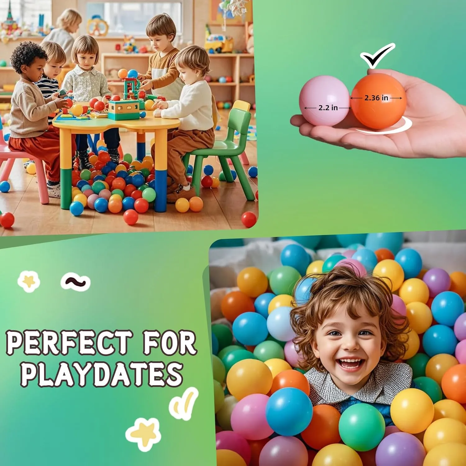 TRENDPLAY Plastic Balls for Ball Pits, Pack of 100 Hollow Balls, Perfect for Toddler Baby Pools,Party Decoration, 2.2 Inch 2.4 Inch 2.75 Inch