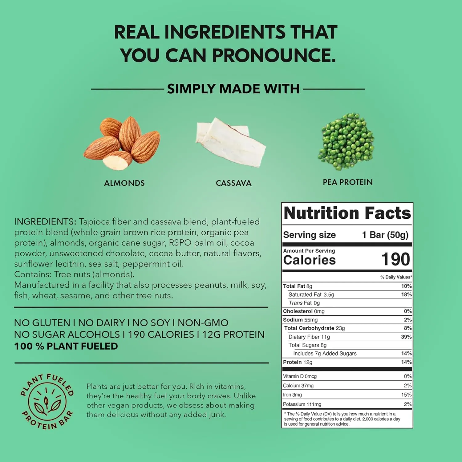 TRUBAR Vegan Protein Bar, It’s Mint to Be Chip, Gluten Free, Plant Based High Fiber, Dairy Free, Low Fat, Non GMO, No Sugar Alcohols, 12G Lean Protein, 13G Fiber, Healthy Snack Bars, 12 CT