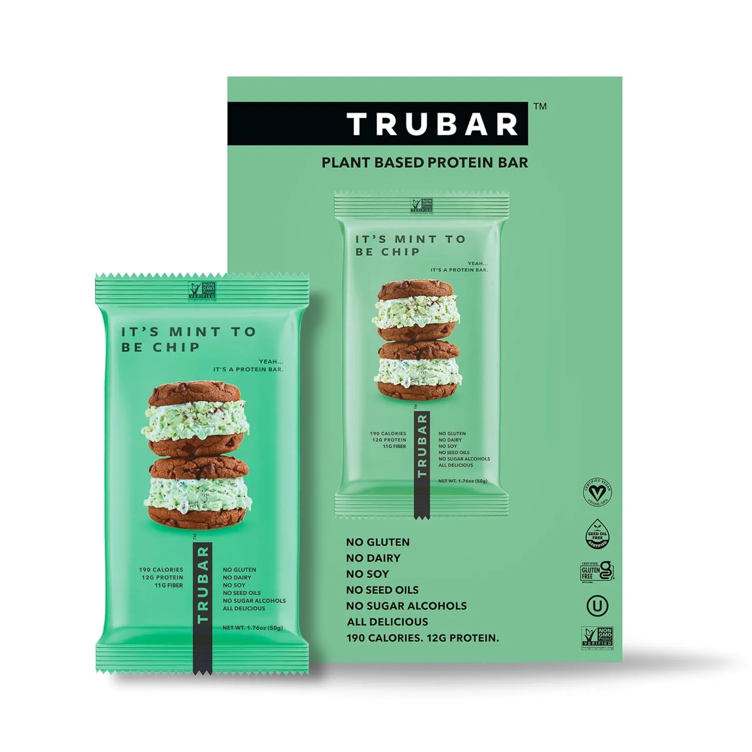 TRUBAR Vegan Protein Bar, It’s Mint to Be Chip, Gluten Free, Plant Based High Fiber, Dairy Free, Low Fat, Non GMO, No Sugar Alcohols, 12G Lean Protein, 13G Fiber, Healthy Snack Bars, 12 CT