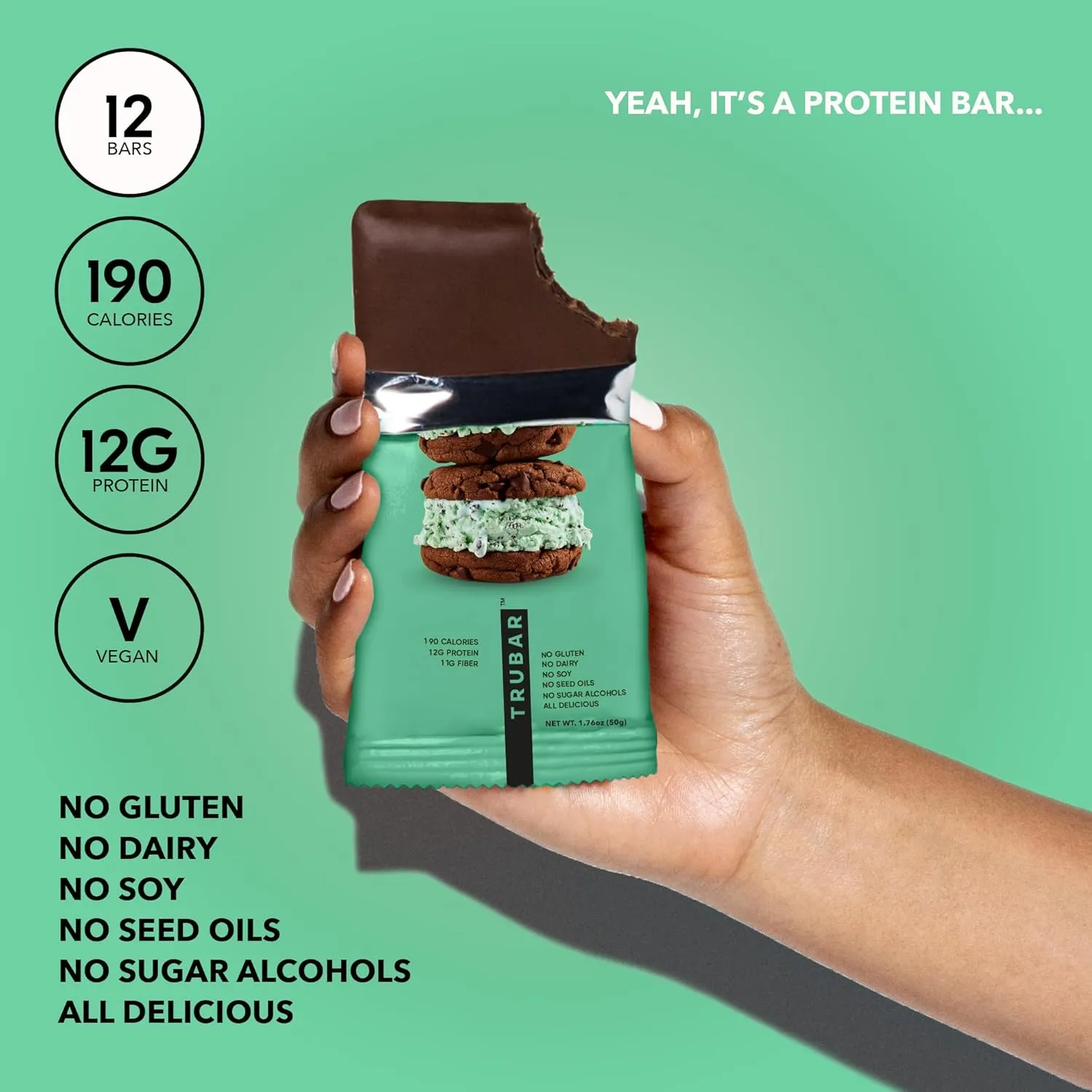 TRUBAR Vegan Protein Bar, It’s Mint to Be Chip, Gluten Free, Plant Based High Fiber, Dairy Free, Low Fat, Non GMO, No Sugar Alcohols, 12G Lean Protein, 13G Fiber, Healthy Snack Bars, 12 CT