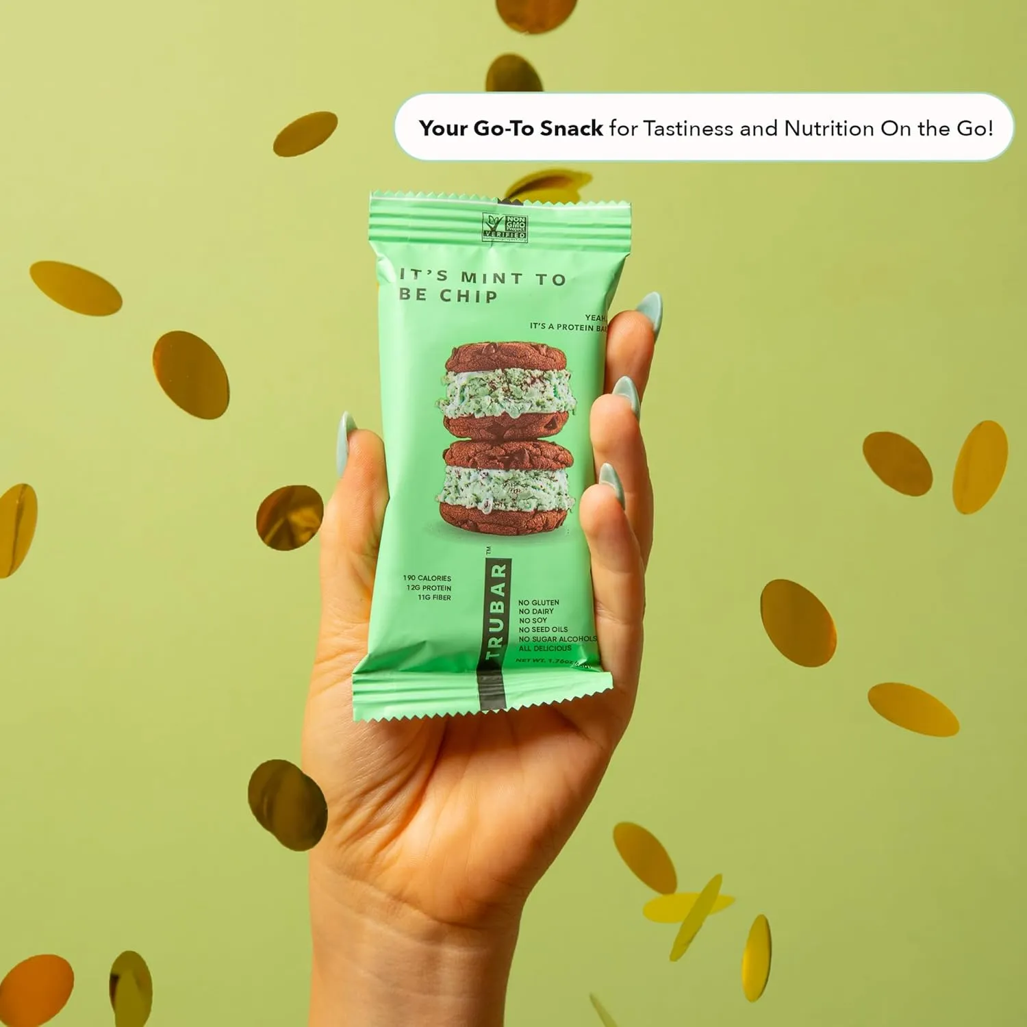 TRUBAR Vegan Protein Bar, It’s Mint to Be Chip, Gluten Free, Plant Based High Fiber, Dairy Free, Low Fat, Non GMO, No Sugar Alcohols, 12G Lean Protein, 13G Fiber, Healthy Snack Bars, 12 CT