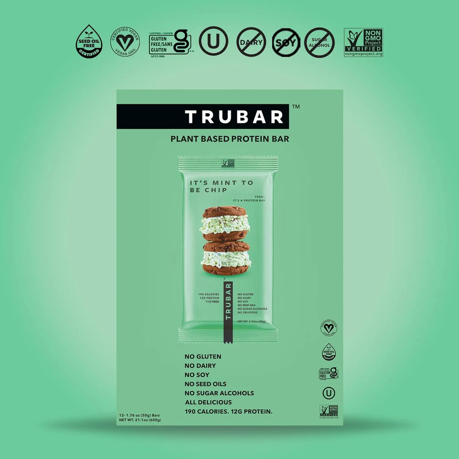 TRUBAR Vegan Protein Bar, It’s Mint to Be Chip, Gluten Free, Plant Based High Fiber, Dairy Free, Low Fat, Non GMO, No Sugar Alcohols, 12G Lean Protein, 13G Fiber, Healthy Snack Bars, 12 CT