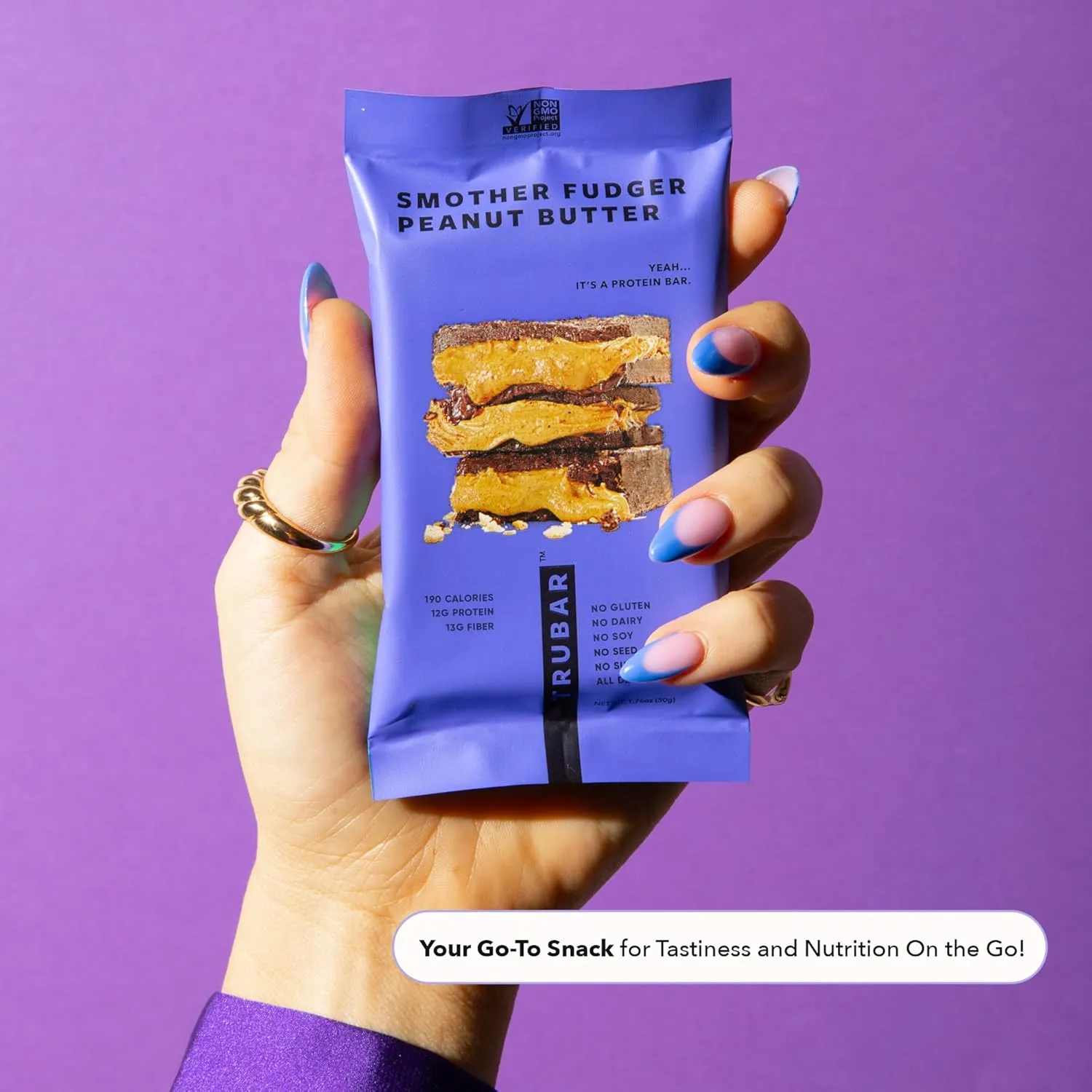 TRUBAR Vegan Protein Bar, Smother Fudger Peanut Butter, Gluten Free, Plant Based, High Fiber, Dairy Free, Low Fat, Non GMO, No Sugar Alcohols, 12G Lean Protein, 13G Fiber, Healthy Snack Bars, 12 CT