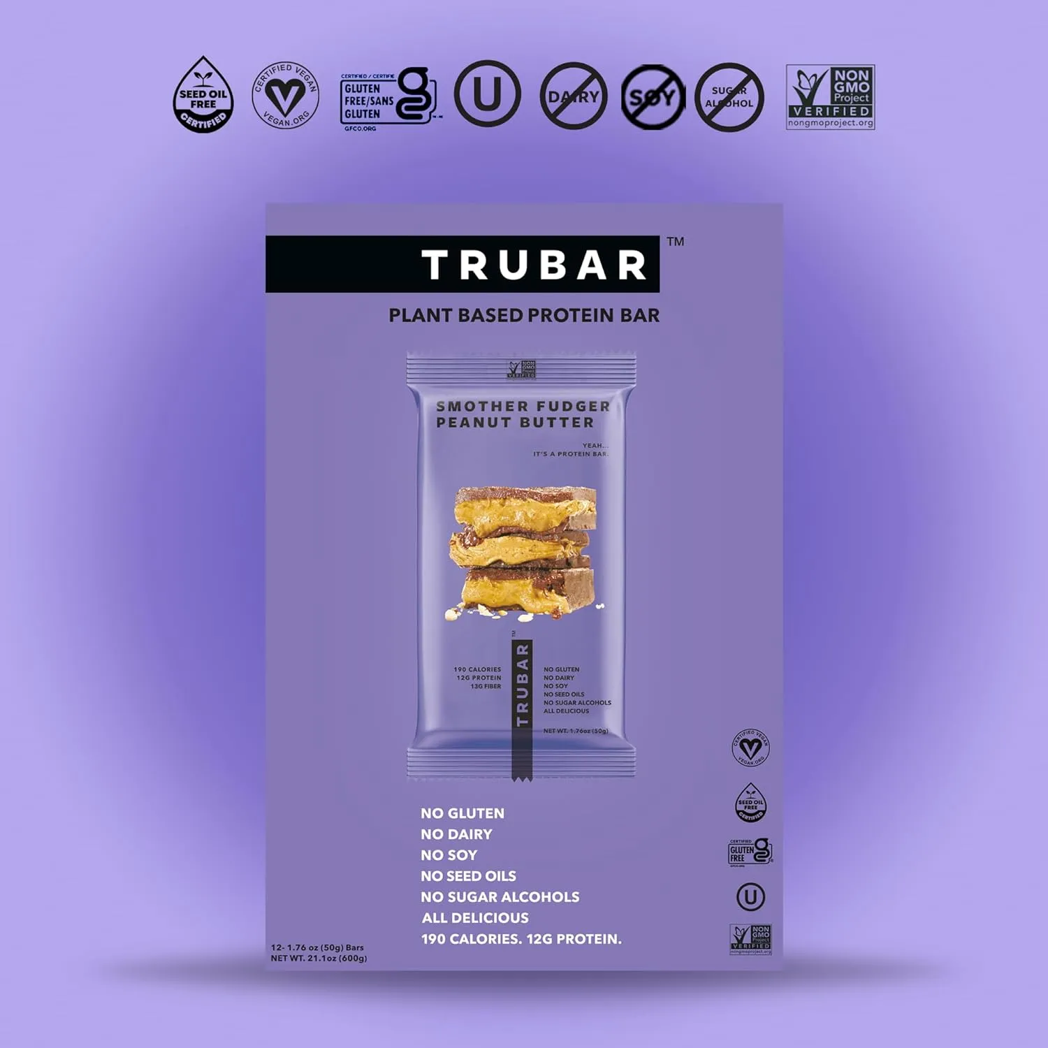 TRUBAR Vegan Protein Bar, Smother Fudger Peanut Butter, Gluten Free, Plant Based, High Fiber, Dairy Free, Low Fat, Non GMO, No Sugar Alcohols, 12G Lean Protein, 13G Fiber, Healthy Snack Bars, 12 CT