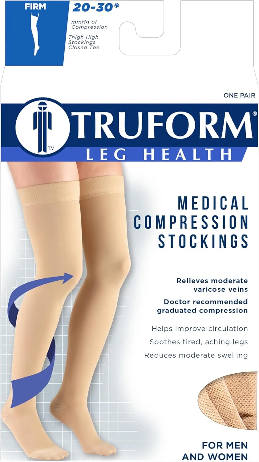 Truform 20-30 Mmhg Compression Stockings for Men & Women, Thigh High Length, Dot Top, Closed Toe, Black, Large (20-30 Mmhg)
