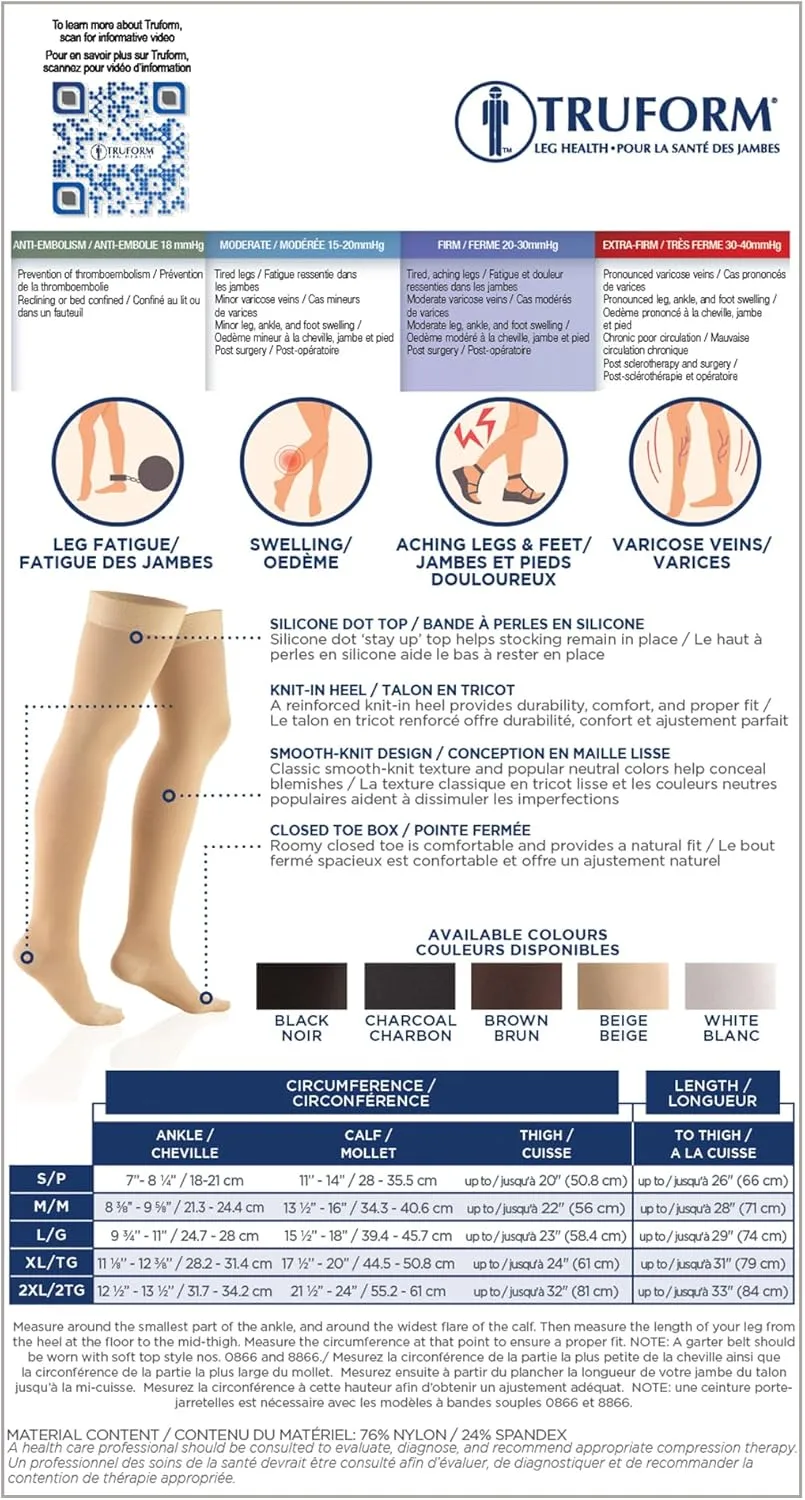Truform 20-30 Mmhg Compression Stockings for Men & Women, Thigh High Length, Dot Top, Closed Toe, Black, Large (20-30 Mmhg)