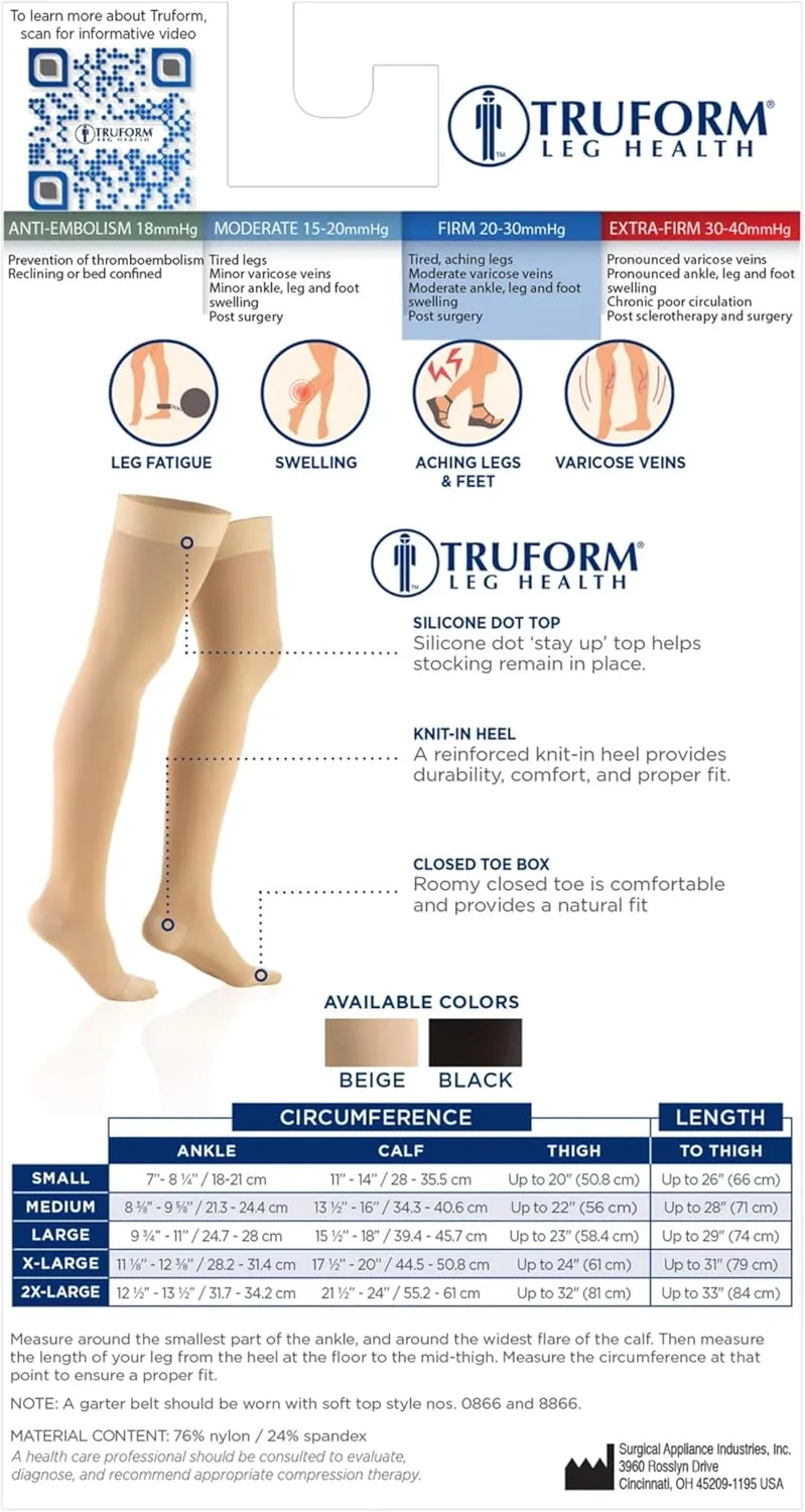 Truform 20-30 Mmhg Compression Stockings for Men & Women, Thigh High Length, Dot Top, Closed Toe, Black, Large (20-30 Mmhg)
