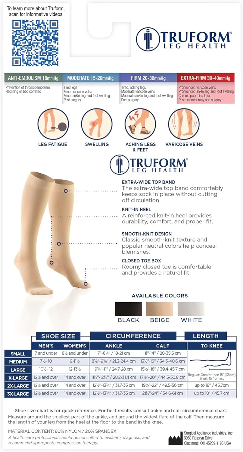 Truform 30-40 mmHg Compression Stockings for Men and Women, Knee High Length, Closed Toe, Beige, Large