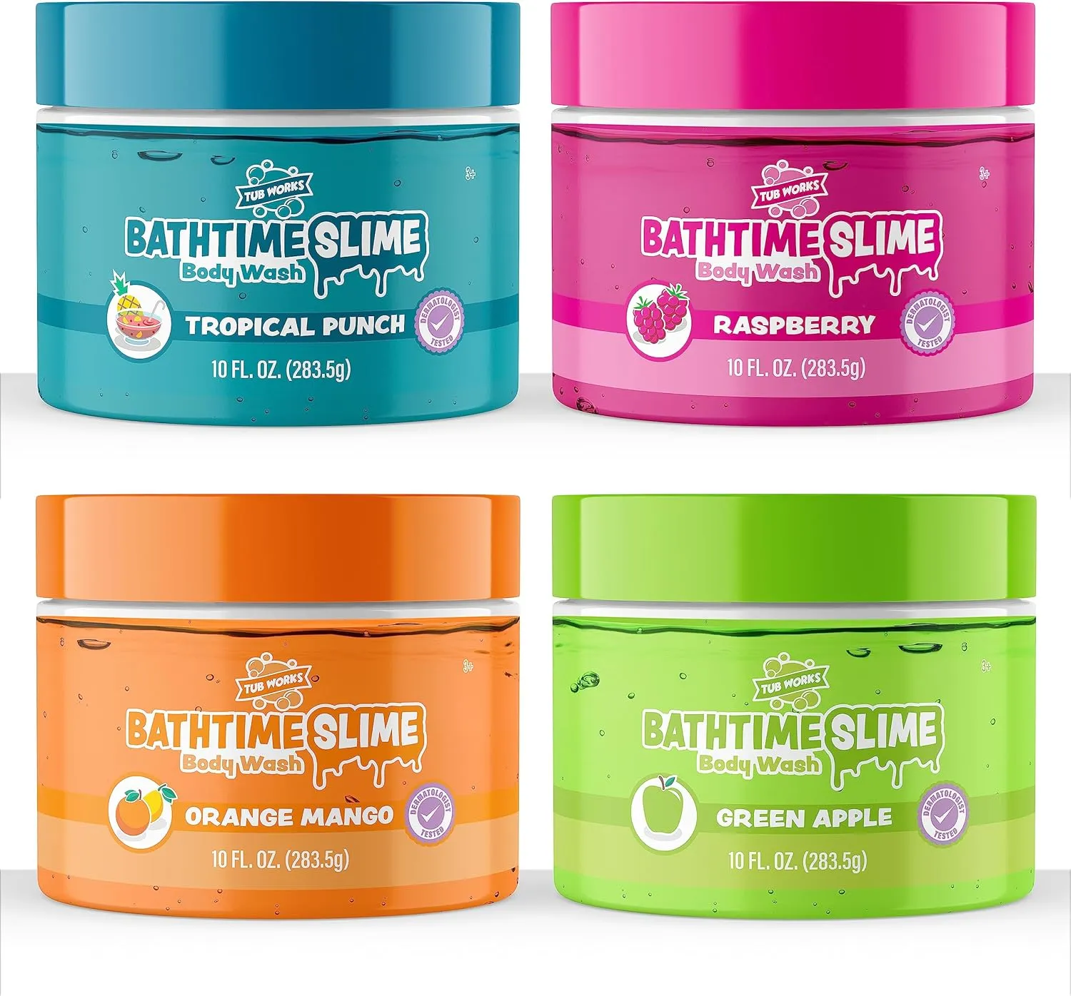 Tub Works® Bath Slime Kids Body Wash, Variety 4 Pack | Gooey, Playful Texture with Fresh, Fruity Scents | Dermatologist Tested | Sensory Fun Bath Toys for Toddlers & Kids | Colorful Slime Kids Soap