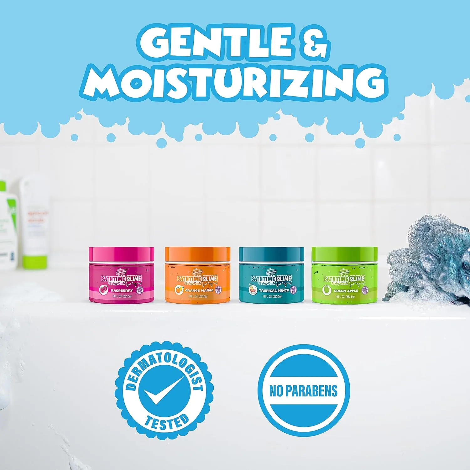 Tub Works® Bath Slime Kids Body Wash, Variety 4 Pack | Gooey, Playful Texture with Fresh, Fruity Scents | Dermatologist Tested | Sensory Fun Bath Toys for Toddlers & Kids | Colorful Slime Kids Soap