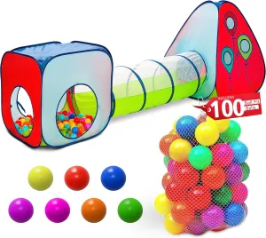 Tunnel and Ball Pit Play Tent | 3pc Pop Up Toddler Gym Tunnels with Tents for Kids, Toddlers, Infants Boys & Girls | Indoor & Outdoor Gift Game | Baby Crawling Pits for Playground (100 Balls Included)