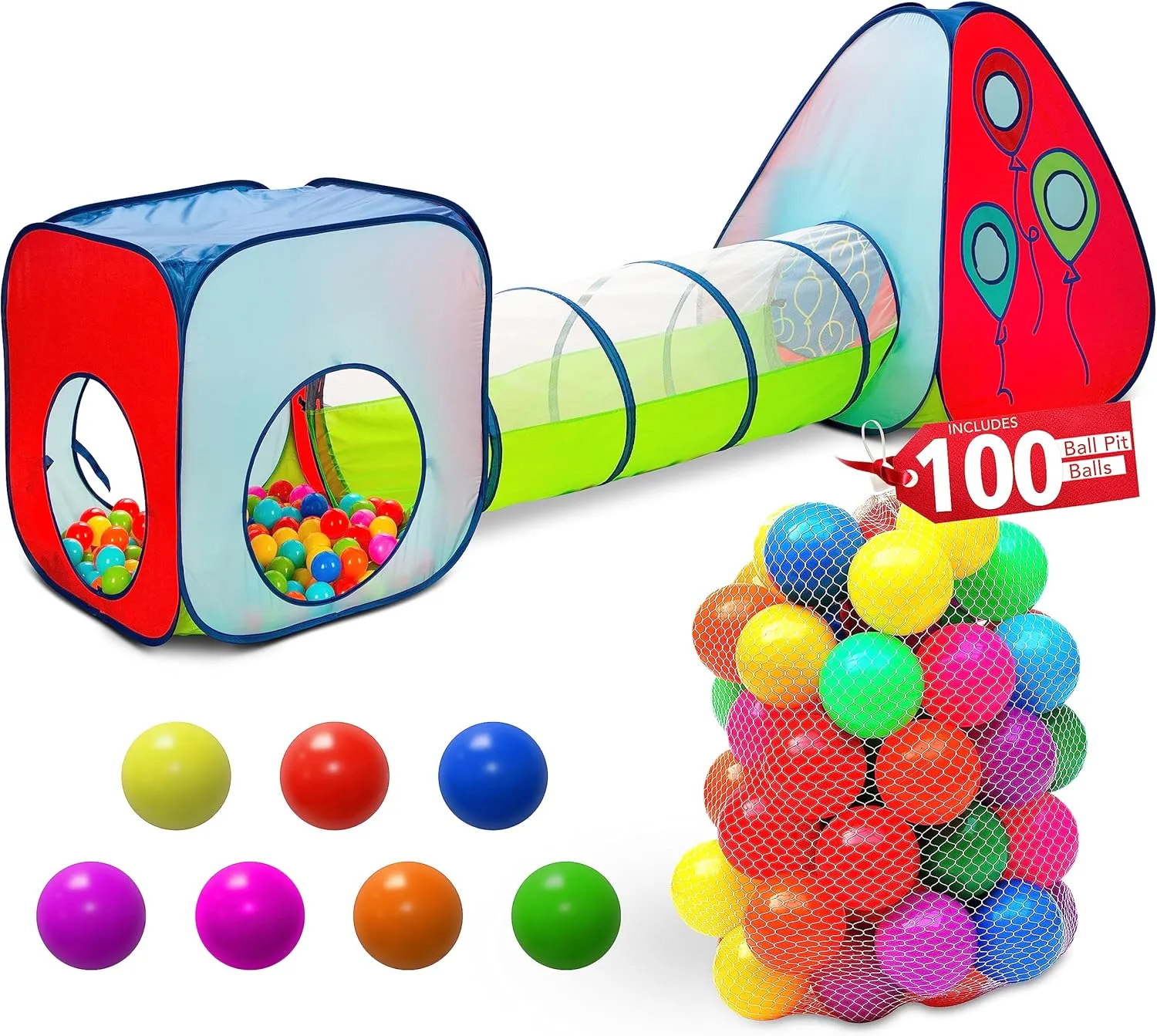 Tunnel and Ball Pit Play Tent | 3pc Pop Up Toddler Gym Tunnels with Tents for Kids, Toddlers, Infants Boys & Girls | Indoor & Outdoor Gift Game | Baby Crawling Pits for Playground (100 Balls Included)