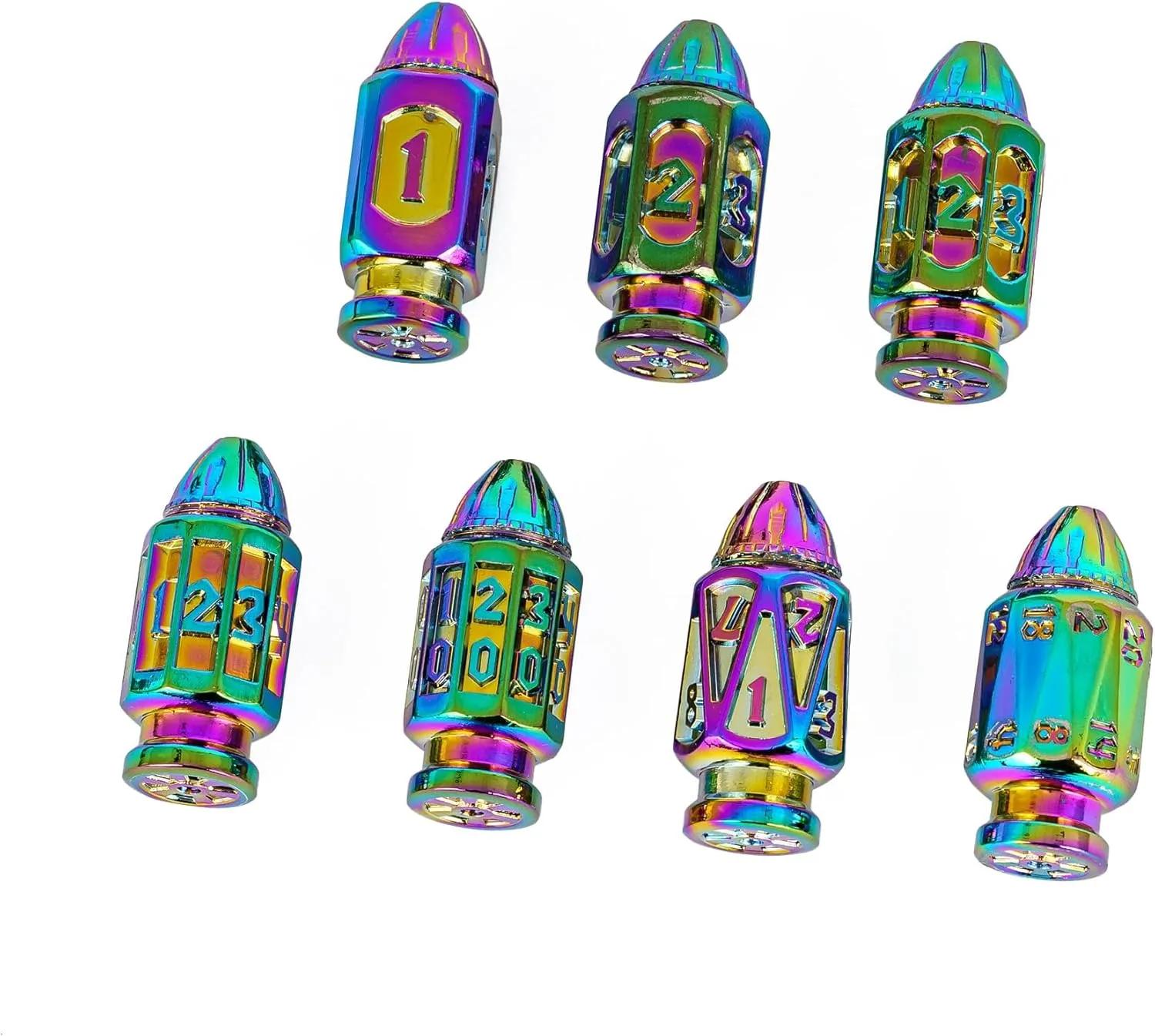 UDIXI Metal DND Bullet Dice Set with Magazine Container, 7-Die Polyhedral Dice Set Cool Style for D&D, Role Playing Game or Other Tabletop Games（Colorful）