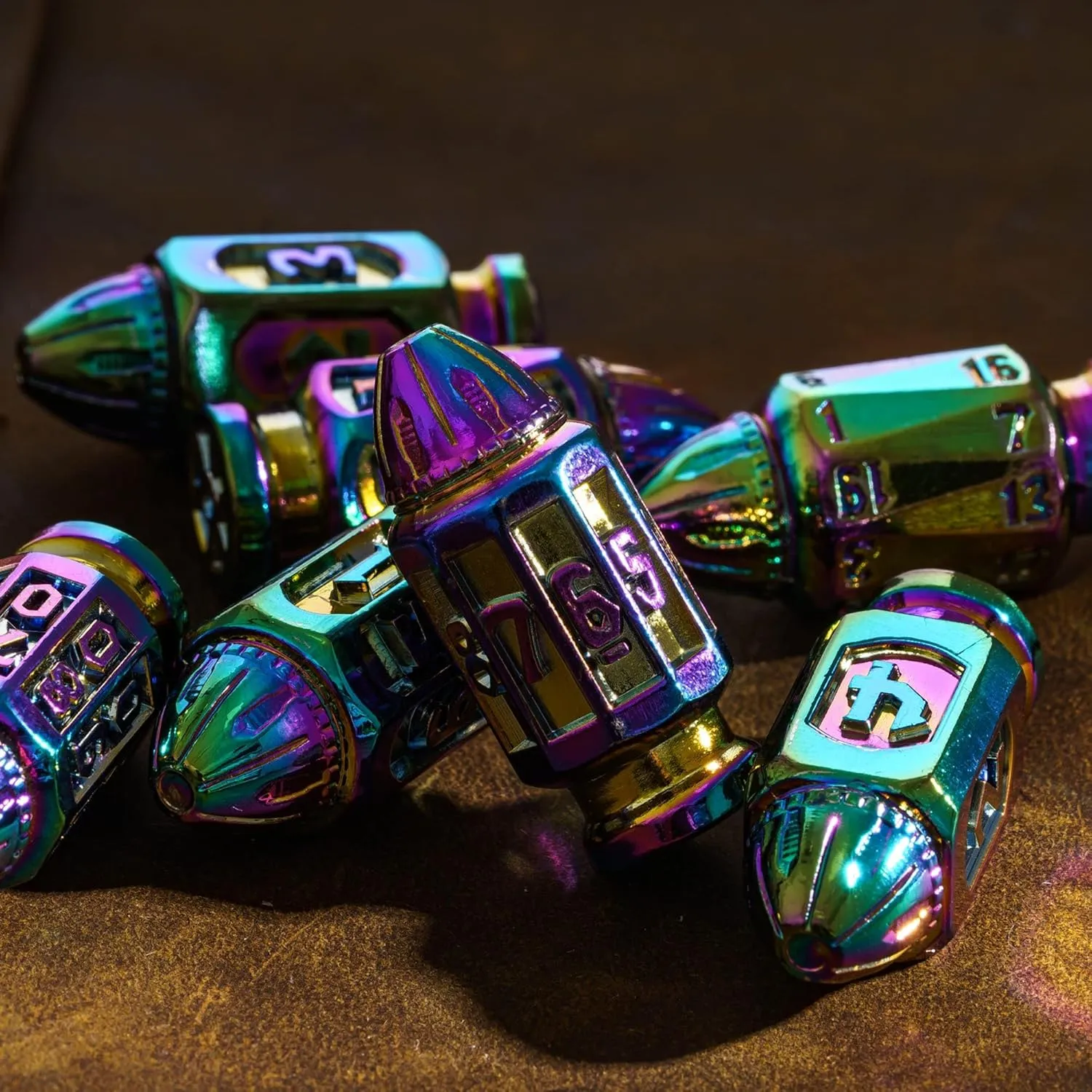 UDIXI Metal DND Bullet Dice Set with Magazine Container, 7-Die Polyhedral Dice Set Cool Style for D&D, Role Playing Game or Other Tabletop Games（Colorful）