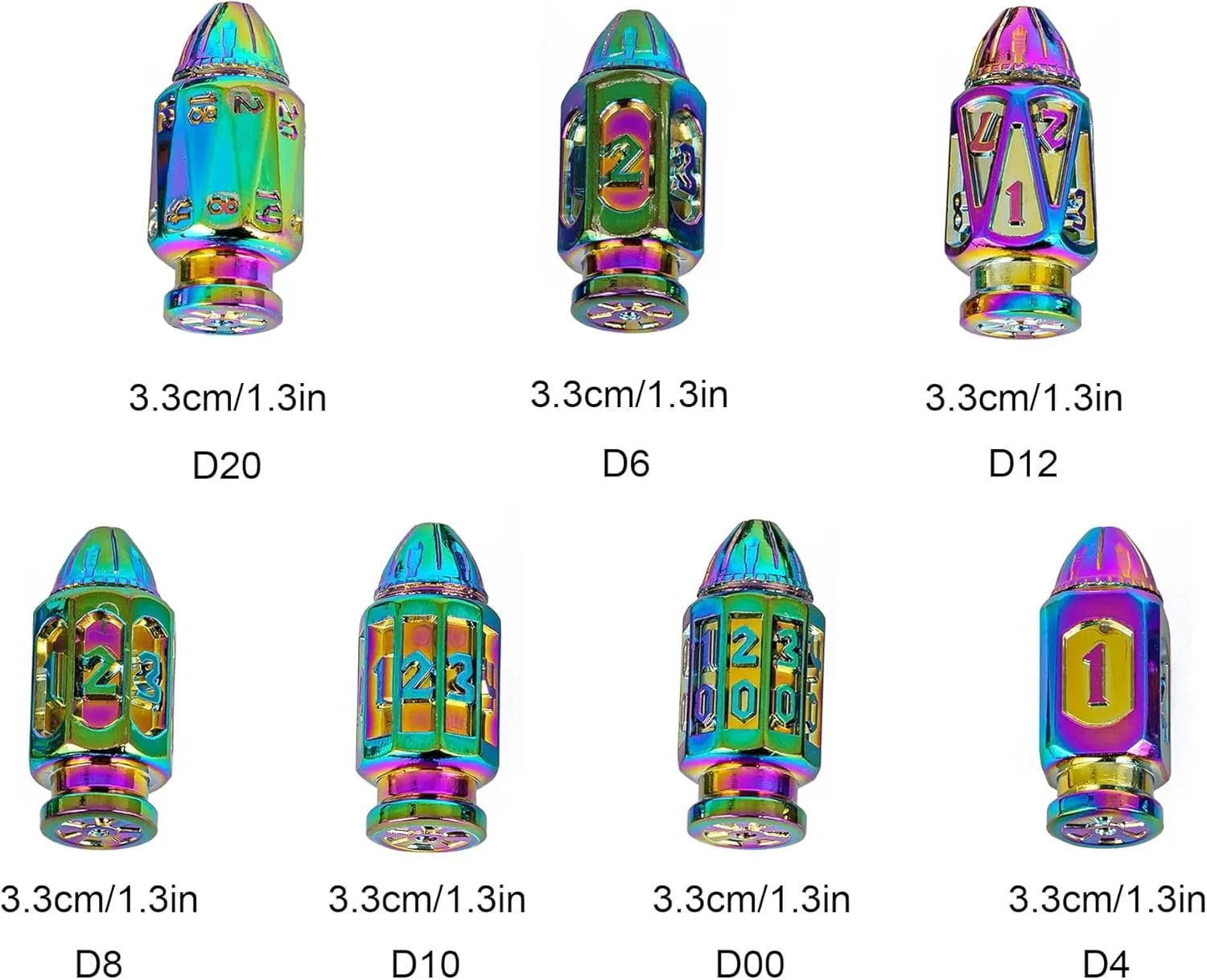 UDIXI Metal DND Bullet Dice Set with Magazine Container, 7-Die Polyhedral Dice Set Cool Style for D&D, Role Playing Game or Other Tabletop Games（Colorful）