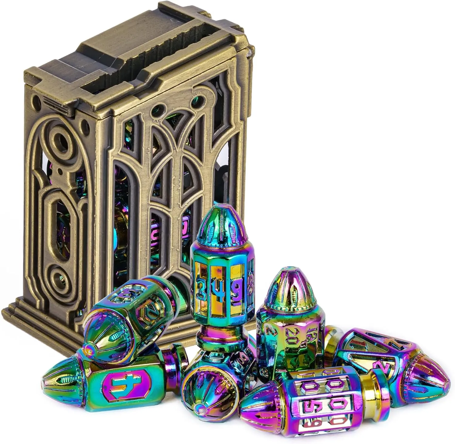 UDIXI Metal DND Bullet Dice Set with Magazine Container, 7-Die Polyhedral Dice Set Cool Style for D&D, Role Playing Game or Other Tabletop Games（Colorful）