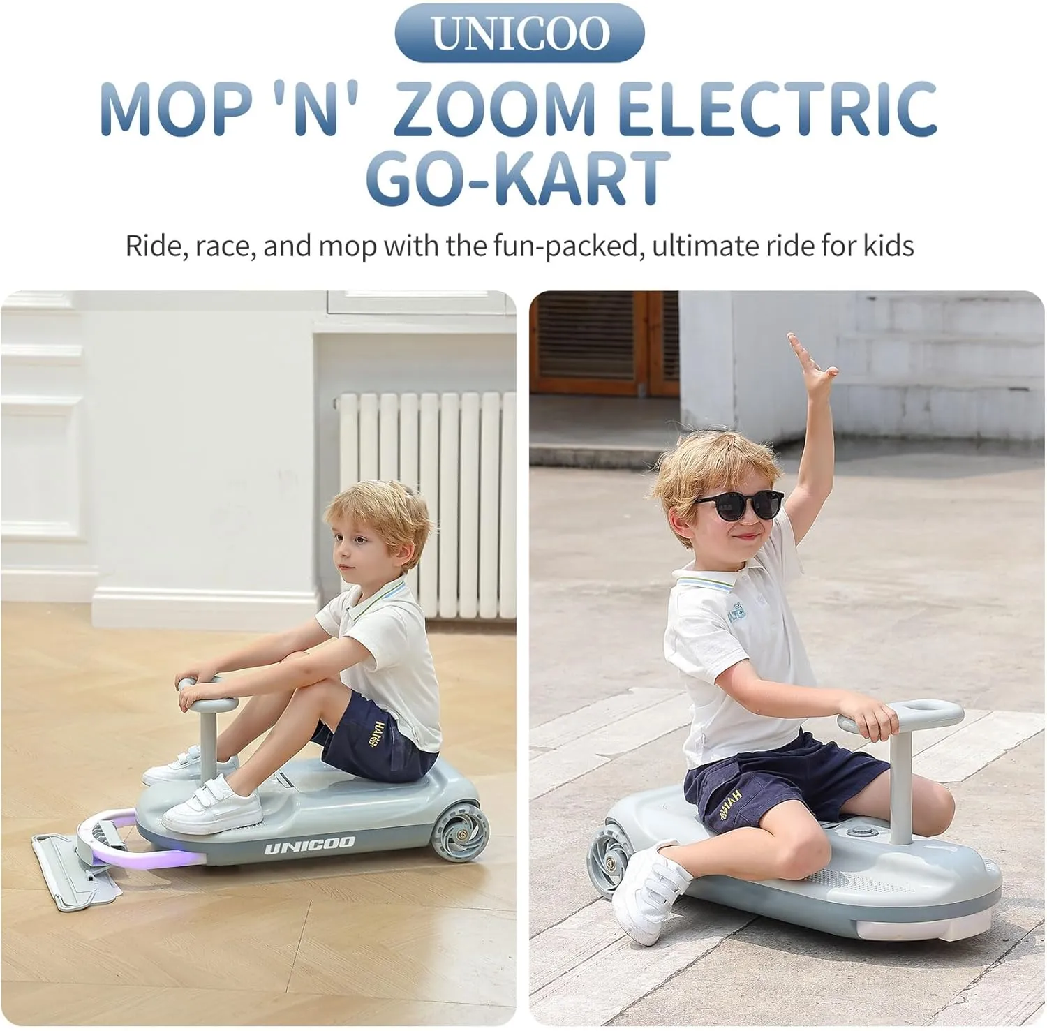 UNICOO Kids Electric Go Kart, 12V Rechargeable Ride-On Wiggle Car with Mood Light, Portable Go Cart with 5 Adjustable Speed, Clean Car for Ages 3-8, Perfect for Fun and Safe Indoor & Outdoor (Gray)